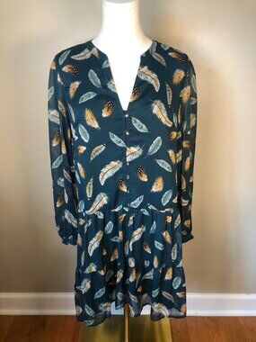 NWT Loft Turquoise Feather Print Drop Waist Dress Sz S Flowy Boho Chic Elegance